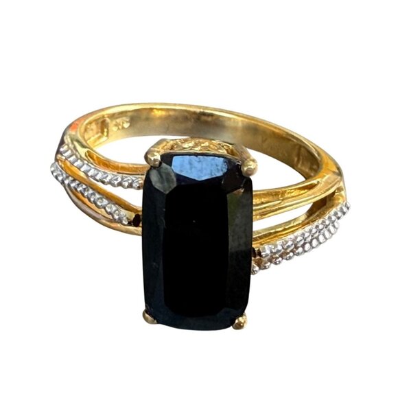 Rectangular Black Stone Gold Plated Sterling Silver Size 10 - Picture 2 of 6